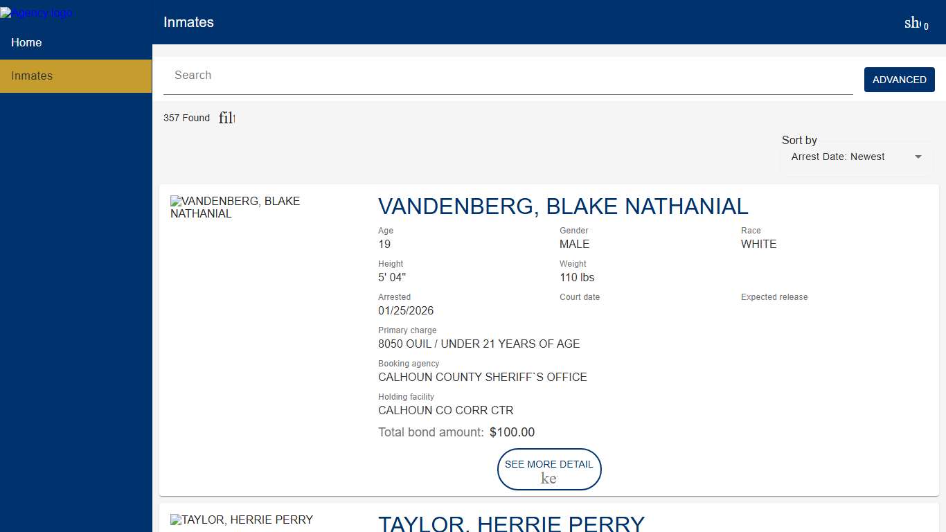 Calhoun County Sheriff's Department Police to Citizen - Inmates catalog